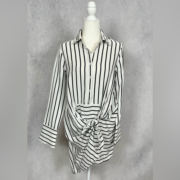 White and black strip button down long sleeve shirt wrap dress linen - Picture 10 of 13